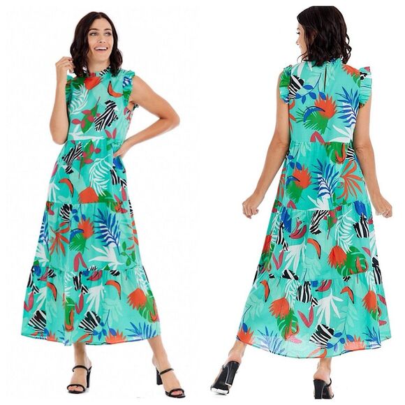 Mud Pie Dresses & Skirts - Mud Pie Bridgers Maxi Tiered Dress Sz L Tropical Green Ruffle Sleeveless